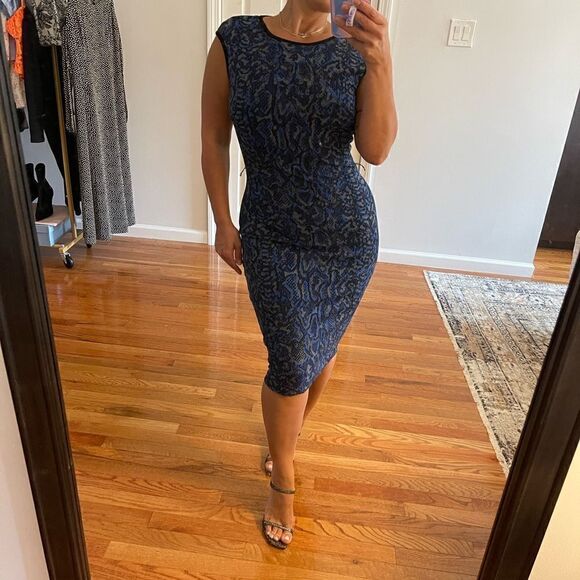 Cache Snakeskin Print Blue Bodycon Sleeveless Sweater Midi Dress | SZ S - Picture 3 of 14